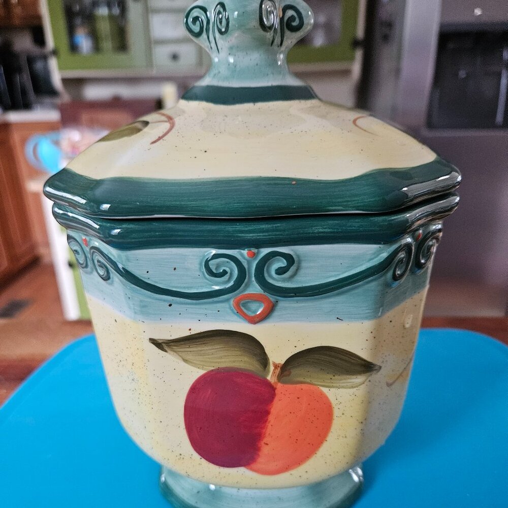 VINTAGE CERAMIC CANISTER HAND PAINTED FRUIT THEME COLORFUL LID